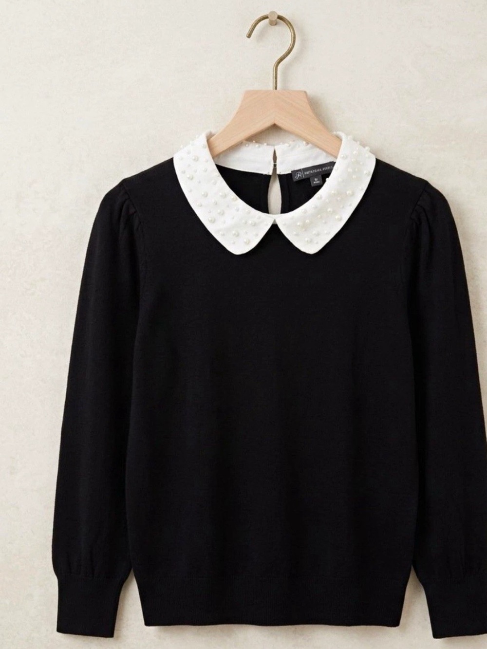 Adrianna Papell Black Long-Sleeve Sweater with White Pearl Collar